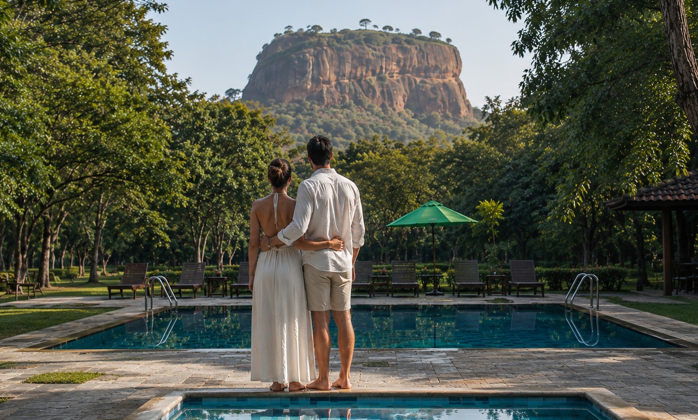 A honeymooning couple enjoying the view of Sigiriya Rock from Hotel Sigiriya in Sri Lanka
