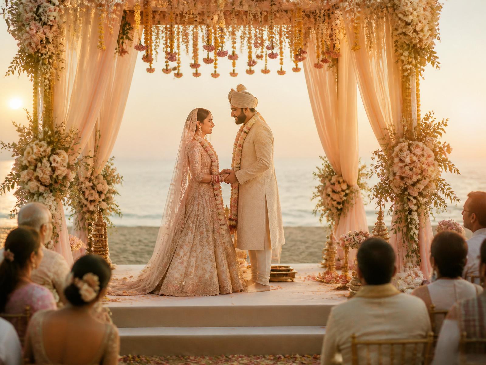 A grand Indian wedding mandap on a Sri Lankan beach at sunset